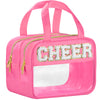 Pink clear makeup bag featuring a glittery cheer letter design and waterproof features