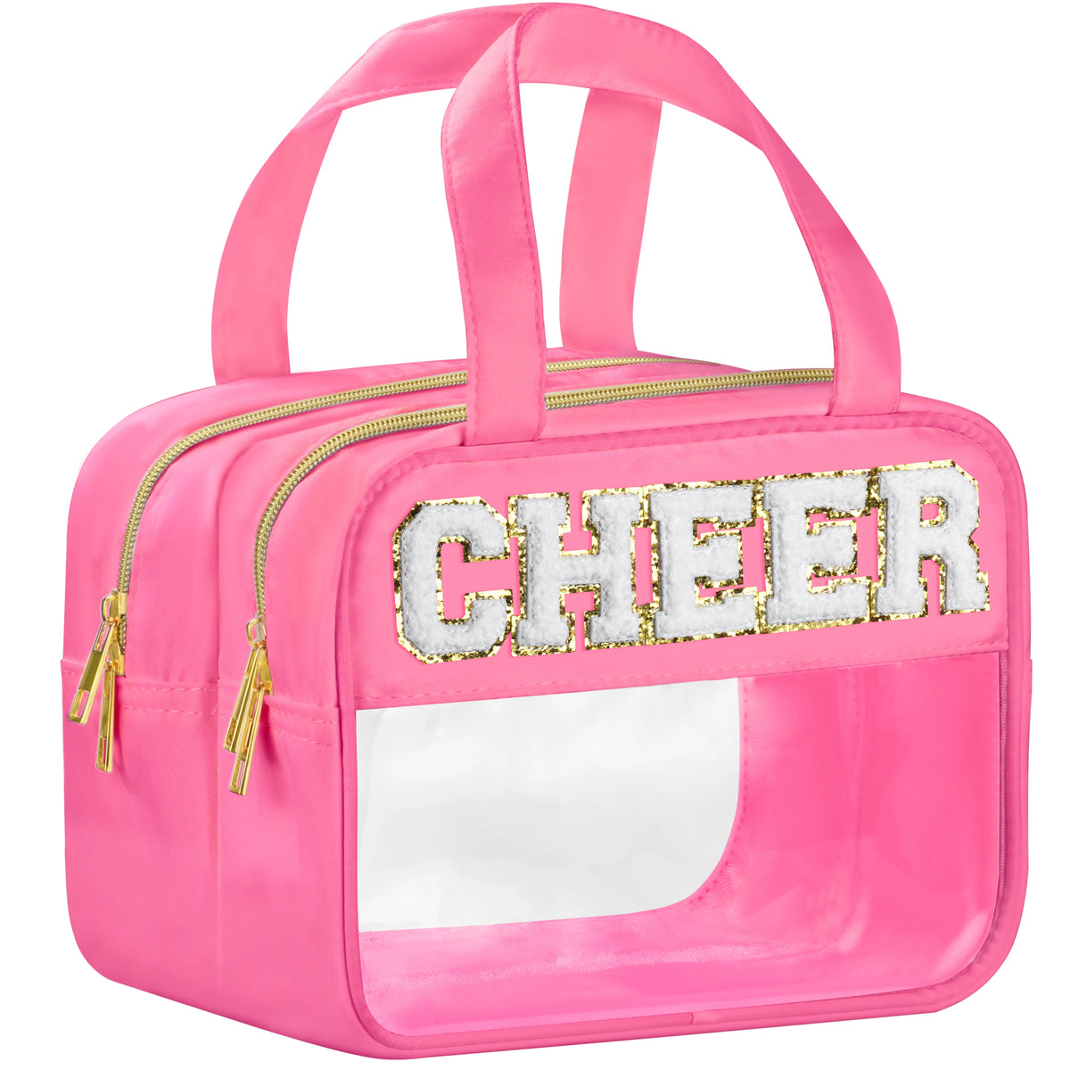 Pink clear makeup bag featuring a glittery cheer letter design and waterproof features