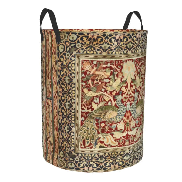 A vintage floral laundry hamper made of fabric with a dark brown and gold pattern.