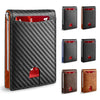 A black slim bifold men's wallet with RFID protection shown in various views.