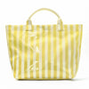 A yellow and white striped canvas tote bag with a handle.