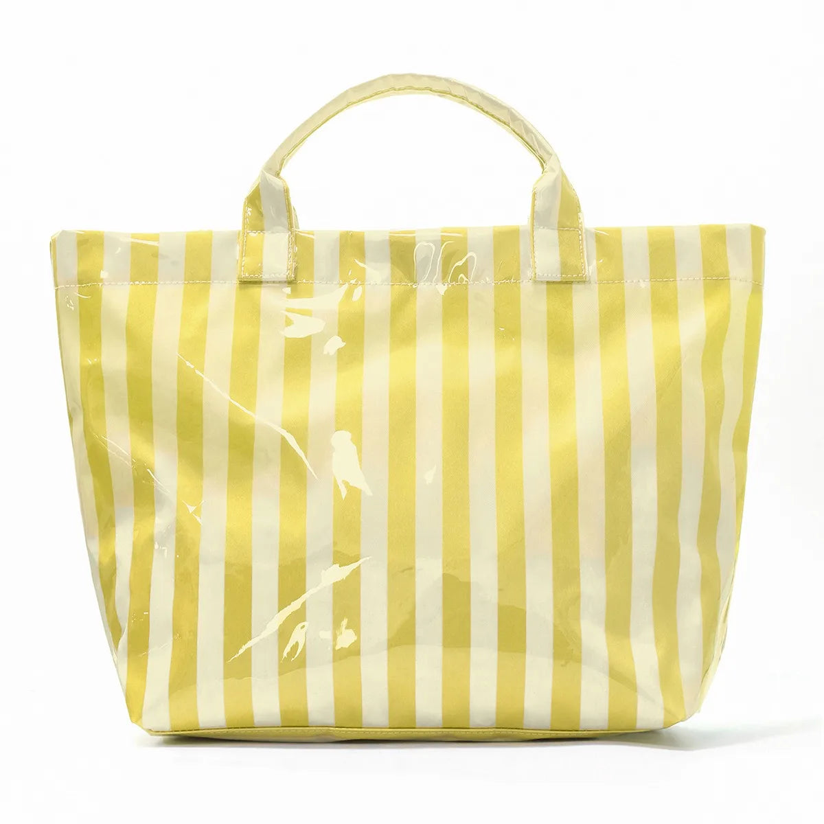 A yellow and white striped canvas tote bag with a handle.