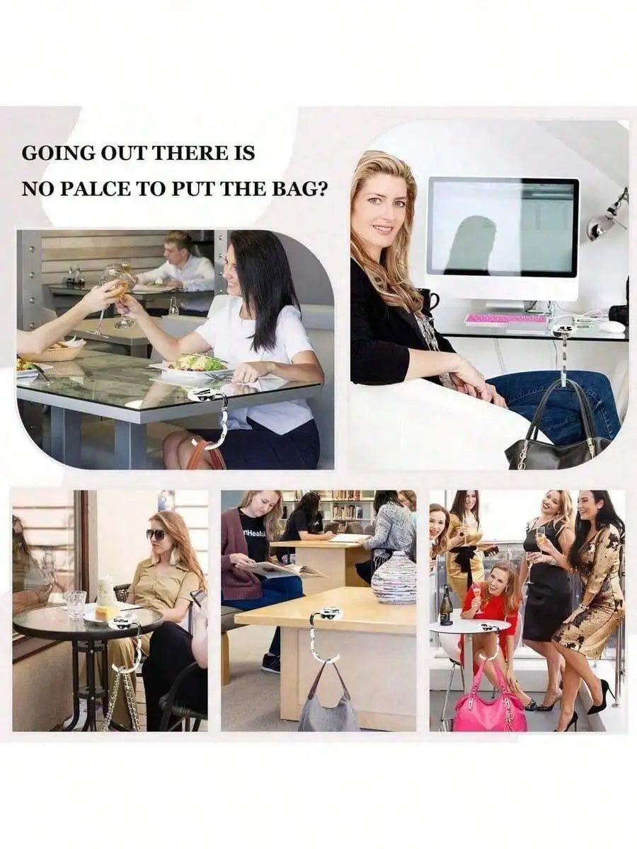 A woman is shown using a foldable letter hanger hook for accessories on a desk.