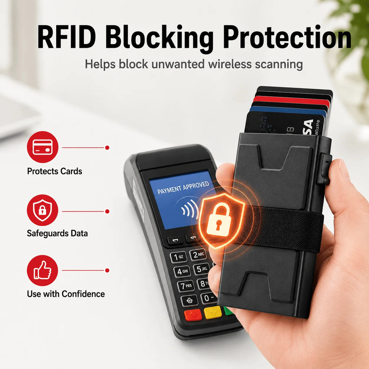 Une main tient un porte-cartes RFID anti, avec un écran de paiement approuvé, protégeant les cartes.