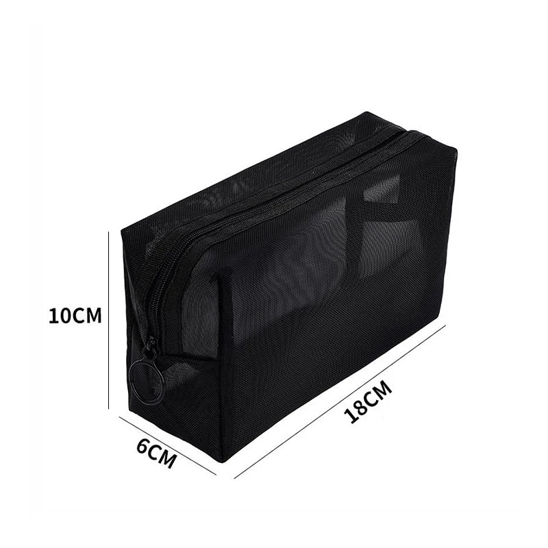 Black mesh toiletry bag with zipper closure shown from the top view.