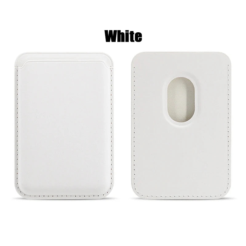 White MagSafe leather card wallet shown in two views, displaying the front and back design.