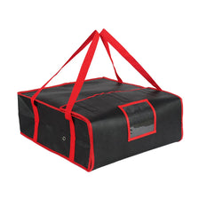 Black insulated pizza delivery bag with red straps and a clear window.