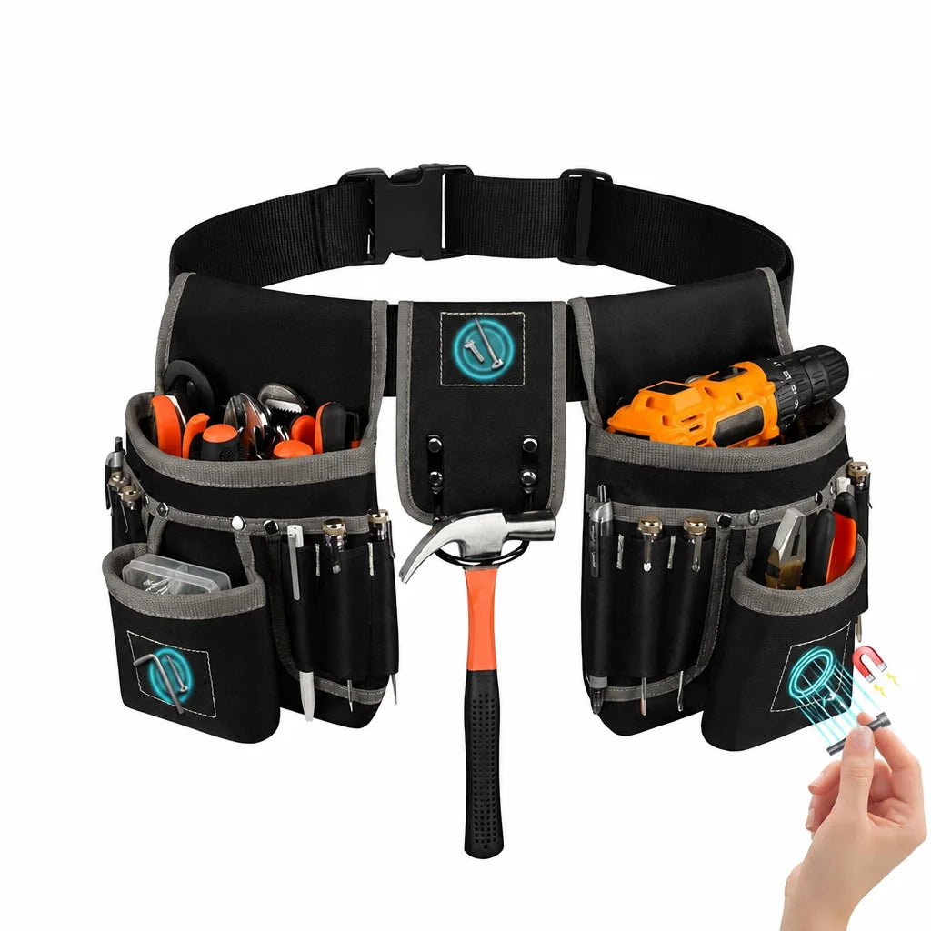 Bolsa de herramientas negra para la cintura con varias herramientas y un destornillador.