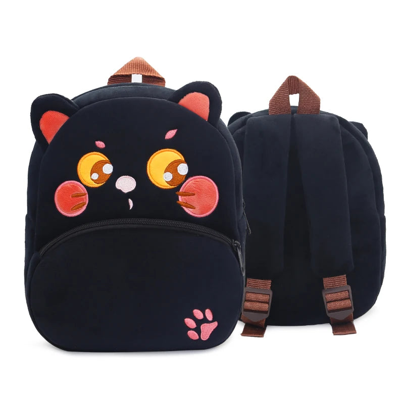 A black cartoon animal plush backpack with orange ears and facial features.