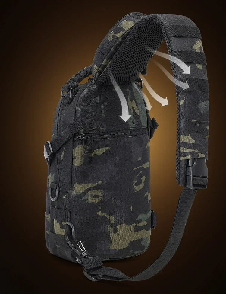 A tactical chest bag in camouflage pattern with a black strap and webbing visible.