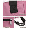 A pink nylon shoulder tote bag featuring a black reinforced line and a silver zipper pull.
