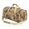 A spacious travel duffel bag in camouflage pattern with tan straps and organized storage.