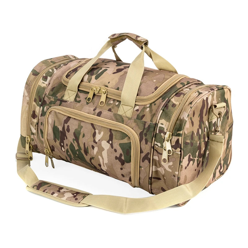 A spacious travel duffel bag in camouflage pattern with tan straps and organized storage.
