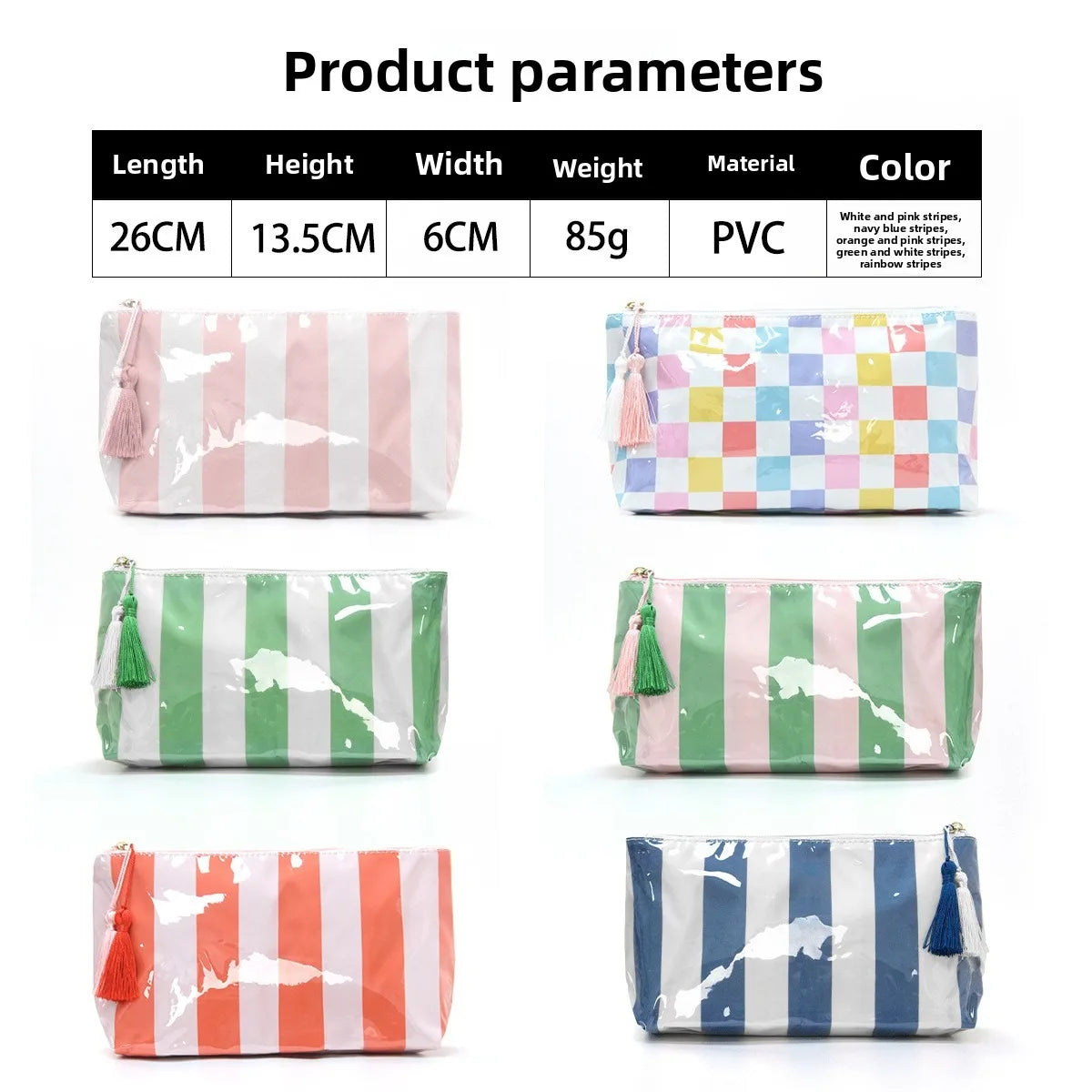 A collection of colorful striped cosmetic storage pouches in various patterns and colors.