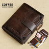 A dark brown classic retro leather wallet shown open with cards and cash inside