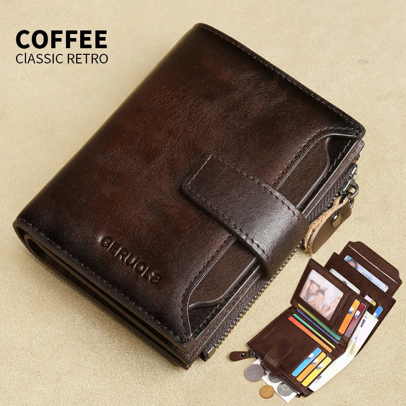 A dark brown classic retro leather wallet shown open with cards and cash inside