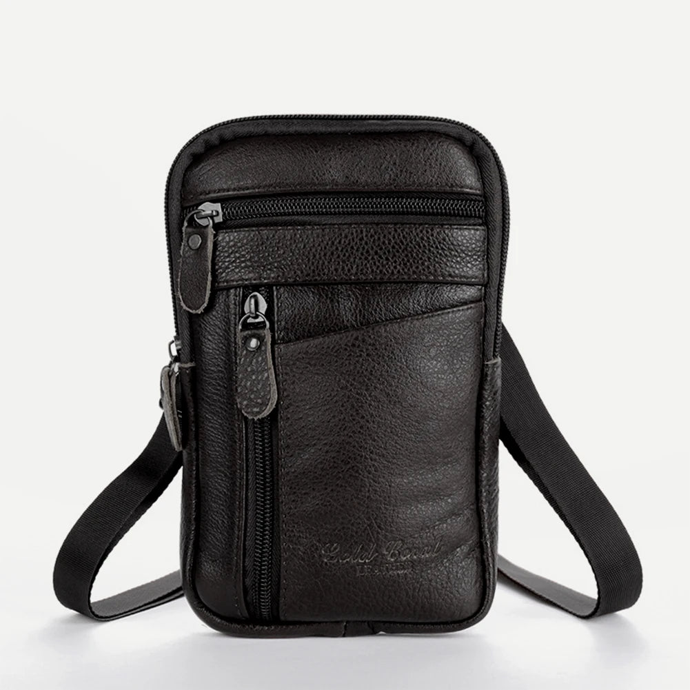 A black vintage cowhide leather crossbody bag with a zipper and adjustable strap.