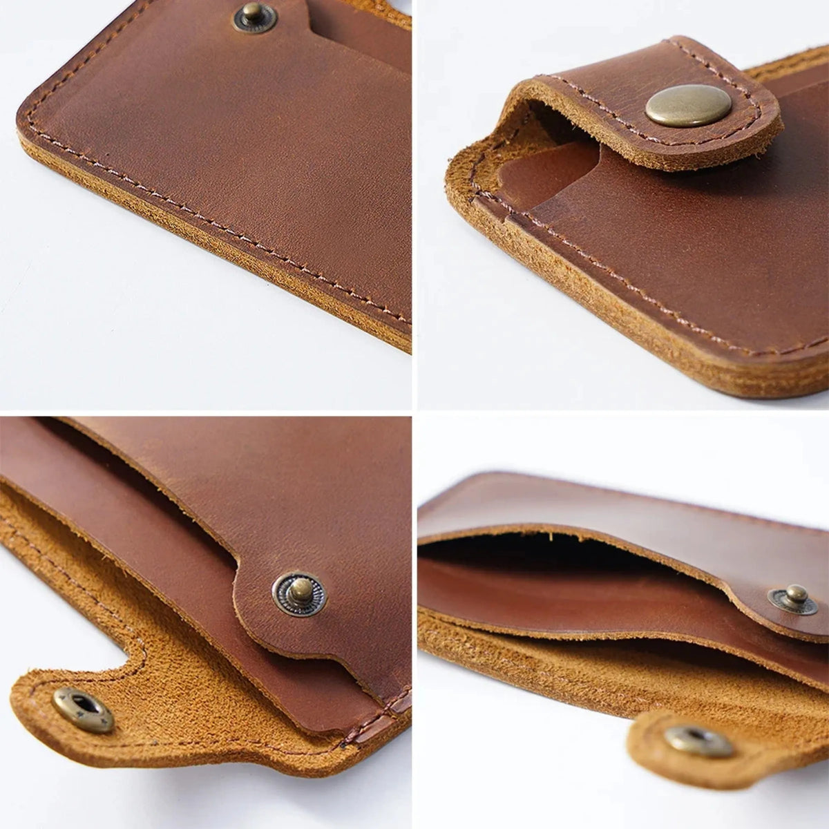 Porta tarjetas delgado de cuero genuino marrón, mostrado en varios ángulos.
