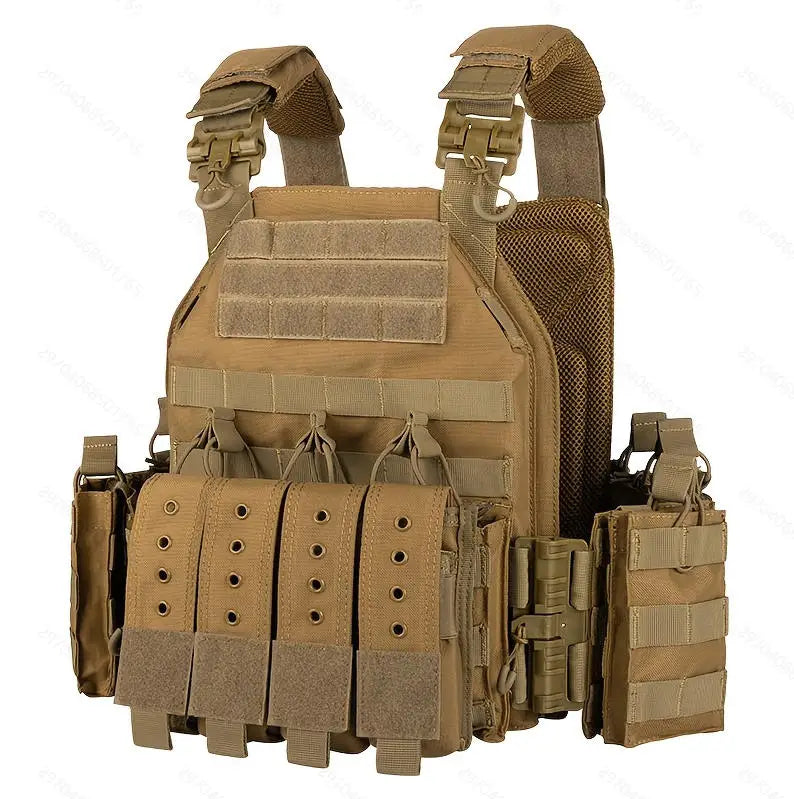Tan tactical plate carrier vest with adjustable molle system and padded armor