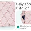 Pink quilted puffy tote bag showing easy-access exterior pockets on the side and front.
