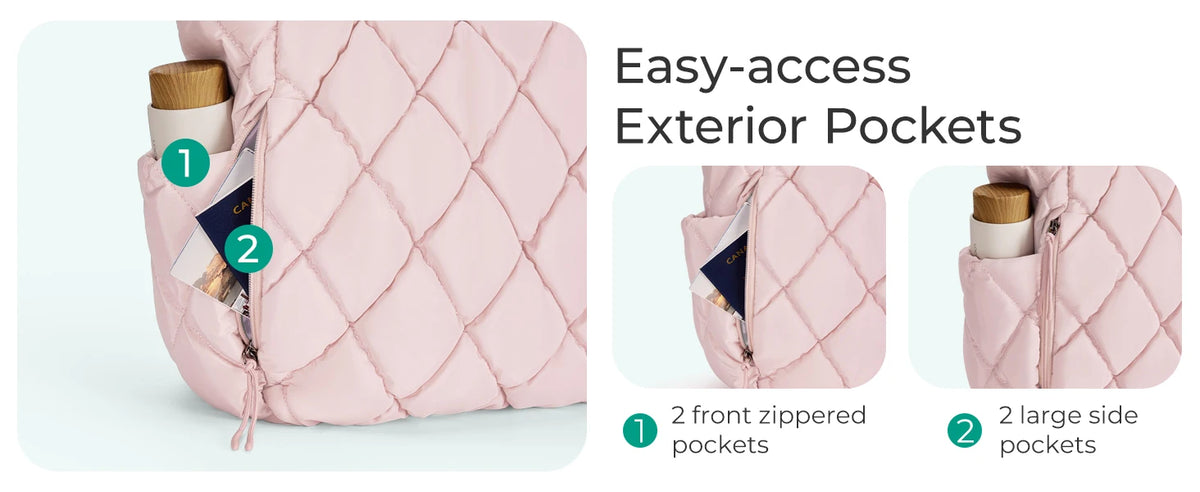 Pink quilted puffy tote bag showing easy-access exterior pockets on the side and front.