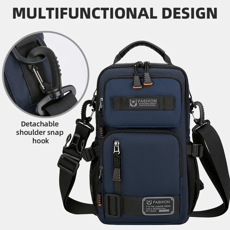 A dark blue multifunctional chest bag with detachable shoulder strap hook and multiple compartments.
