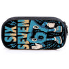 A black zippered pouch featuring a graphic design of six and seven lightning bolts with stylized hands.