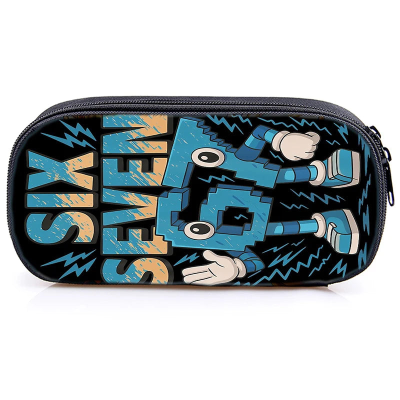 A black zippered pouch featuring a graphic design of six and seven lightning bolts with stylized hands.