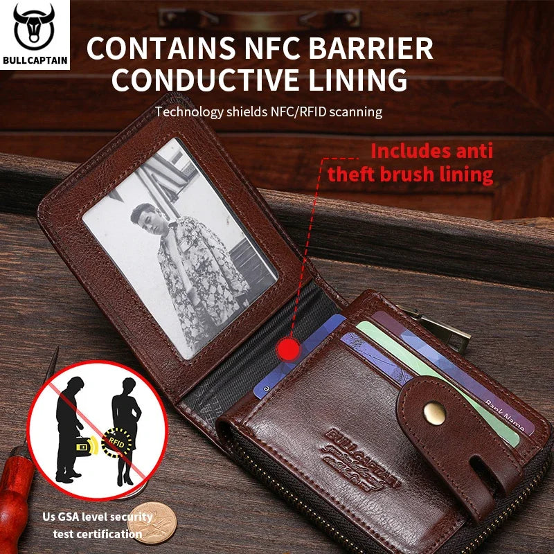 A brown genuine leather wallet with an NFC barrier conductive lining and anti-theft brush lining is shown.