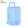 A light blue miniature doll suitcase with a handle and clear plastic body.