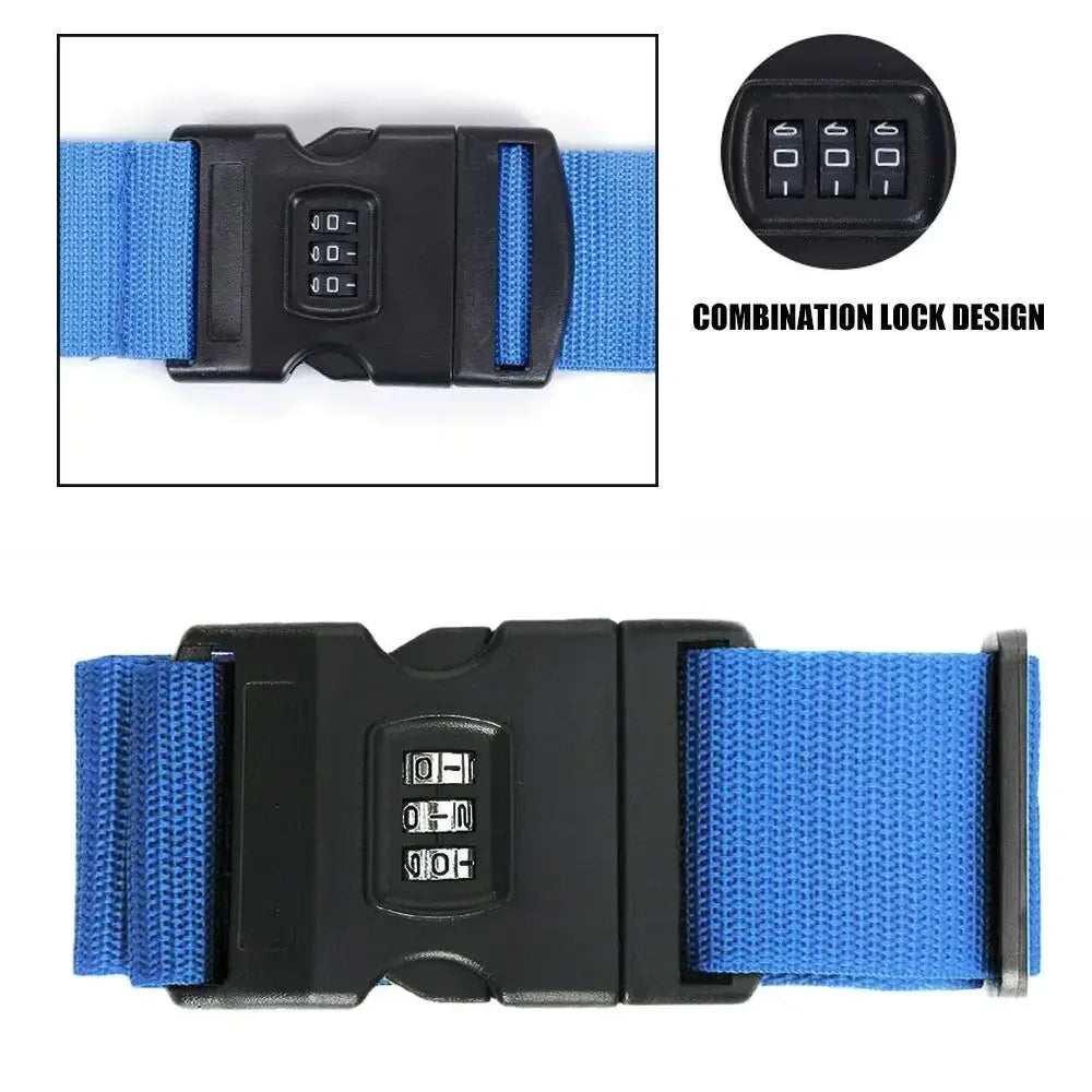Black and blue adjustable luggage straps featuring a combination lock design for secure fastening.