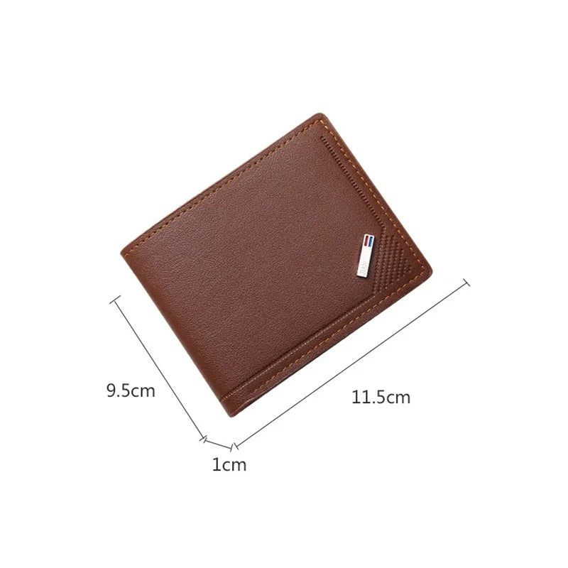 A brown slim leather wallet with a money clip shown from above, displaying its dimensions.
