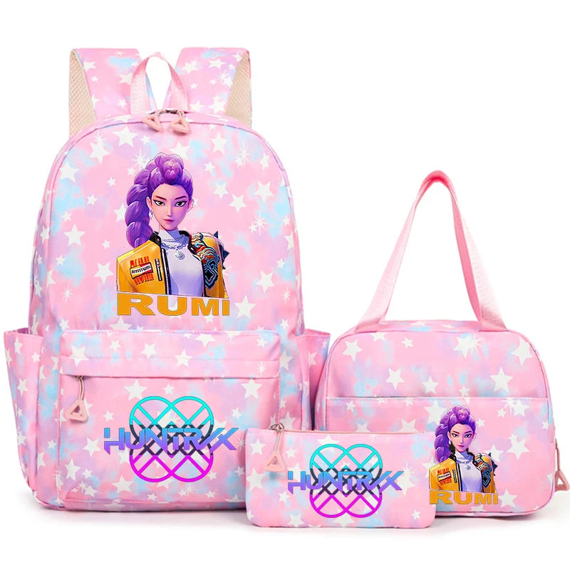 Pink backpack set featuring a purple-haired character design on the fabric