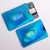 A blue RFID protection card sleeve and a credit card are shown on a white background.