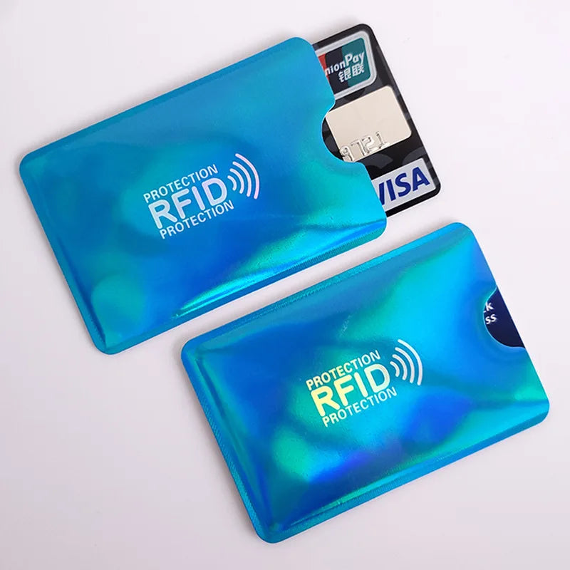 A blue RFID protection card sleeve and a credit card are shown on a white background.