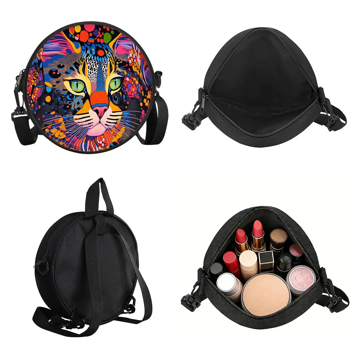 A black cartoon cat round crossbody bag featuring a colorful leopard print design.