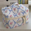 A quilted white makeup bag with blue ribbon embroidery and pink floral accents.