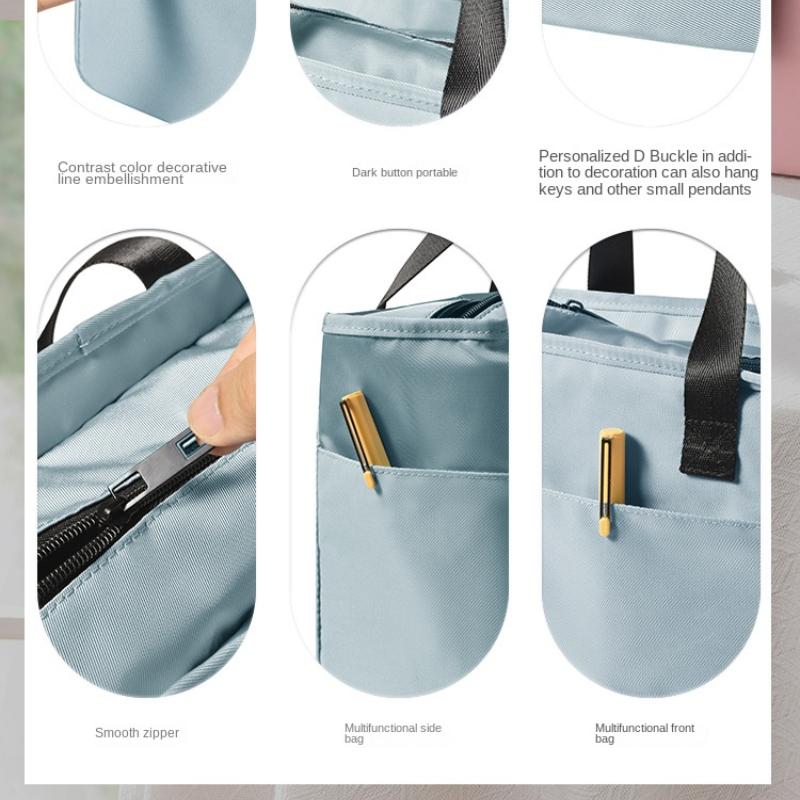 Insulated lunch tote bag in light blue showing various features like a smooth zipper, decorative line embellishment, and func