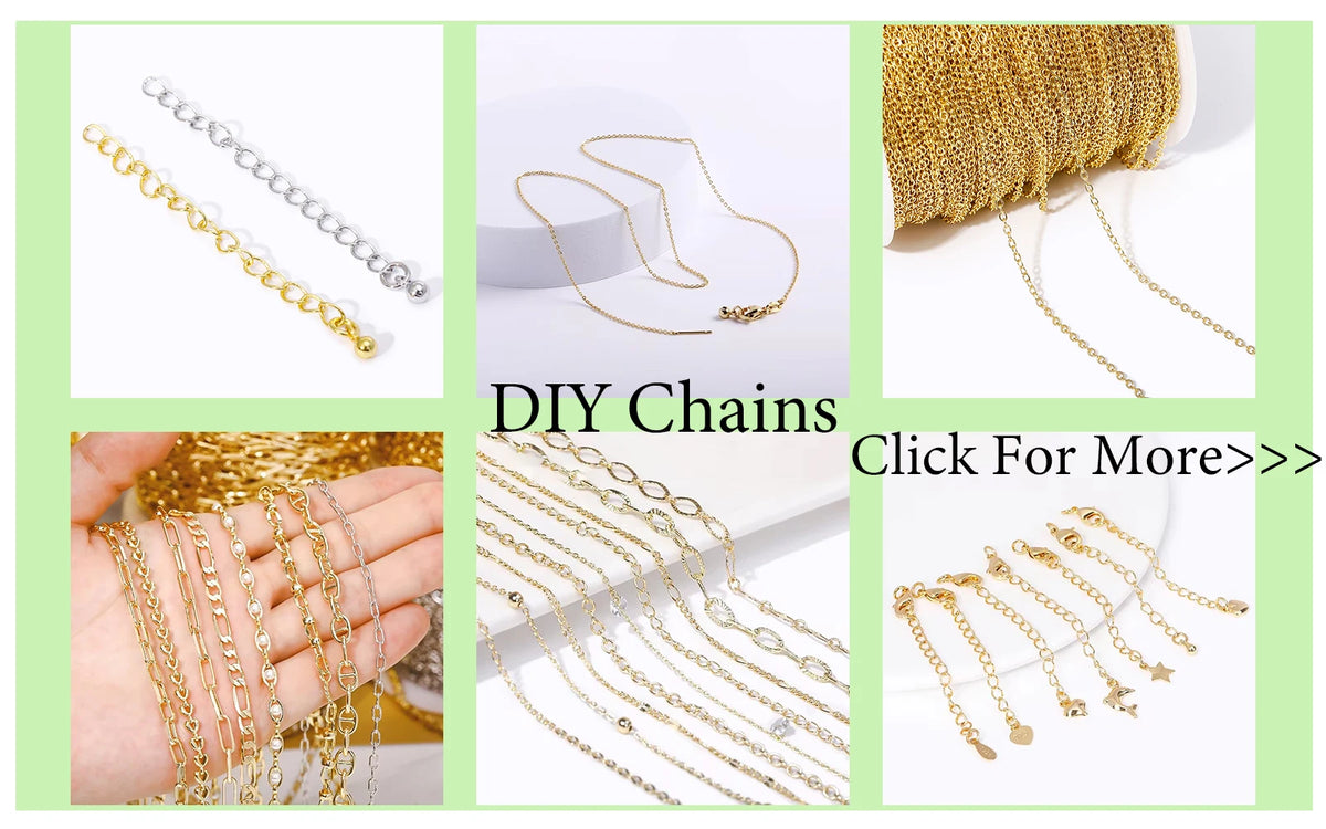 A collection of 18K gold plated jewelry chains and necklaces shown for DIY crafting projects.