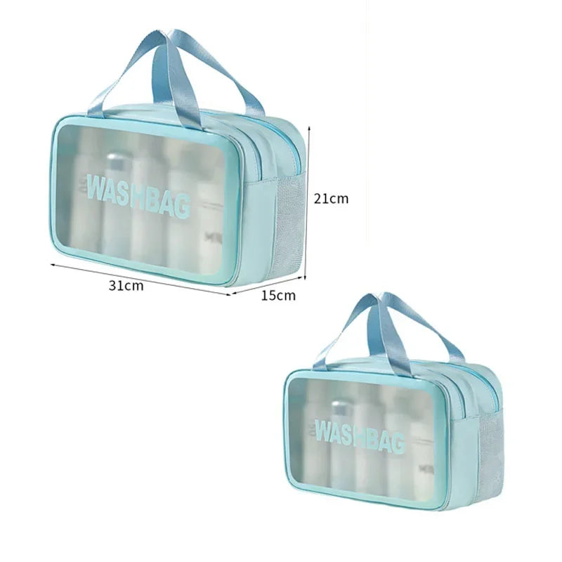 Light blue transparent pouch with a handle for separating dry and wet items.
