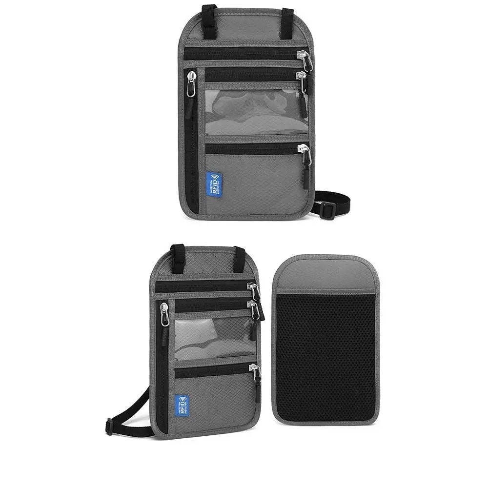 A gray RFID-blocking travel neck wallet with an adjustable strap shown in two views.