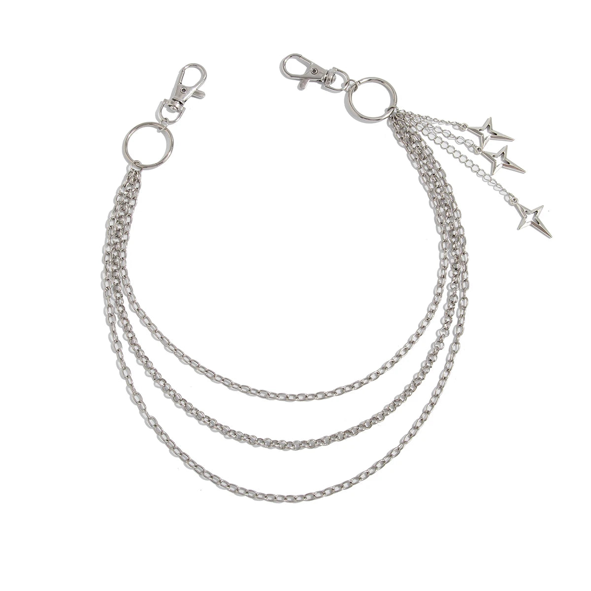 Silver punk star chain belt featuring multiple strands and pearl accents.