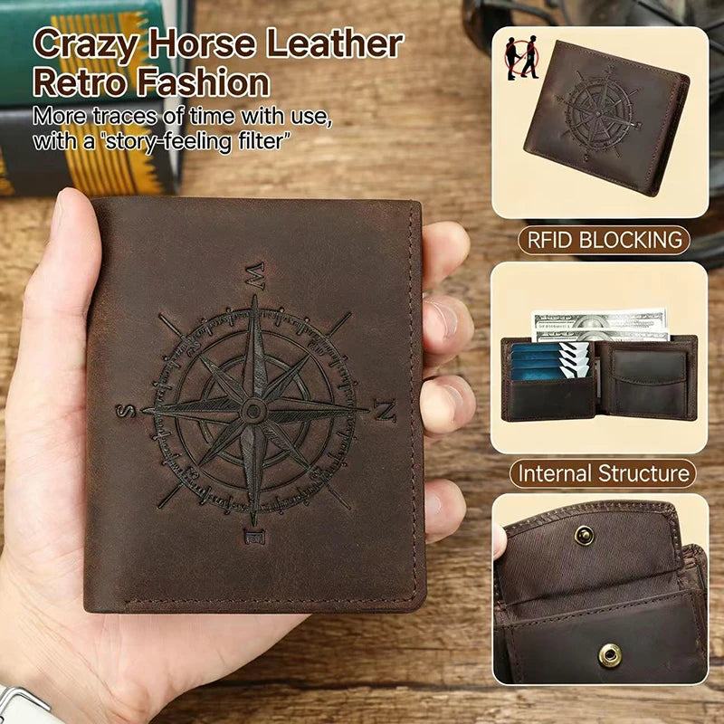 A brown leather wallet featuring an engraved compass design, shown being held by a hand.