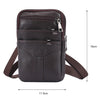 A dark brown vintage cowhide leather crossbody bag shown from the top with a strap and dimensions.