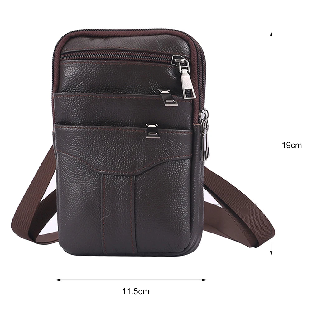A dark brown vintage cowhide leather crossbody bag shown from the top with a strap and dimensions.