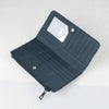 A dark blue bi-fold wallet with a clear ID window and a zipper coin pocket.