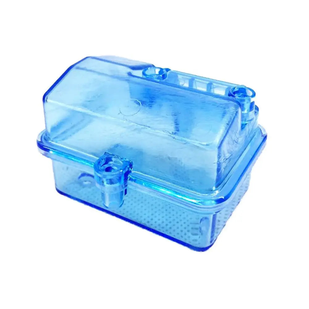 A clear blue waterproof receiver protection box designed for RC cars.