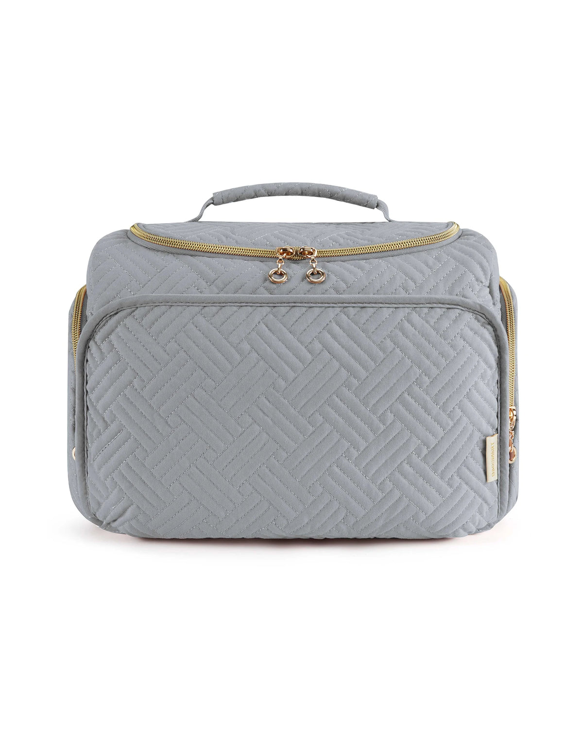 A light gray cosmetic organizer bag with a quilted pattern and a gold-toned zipper and handle.