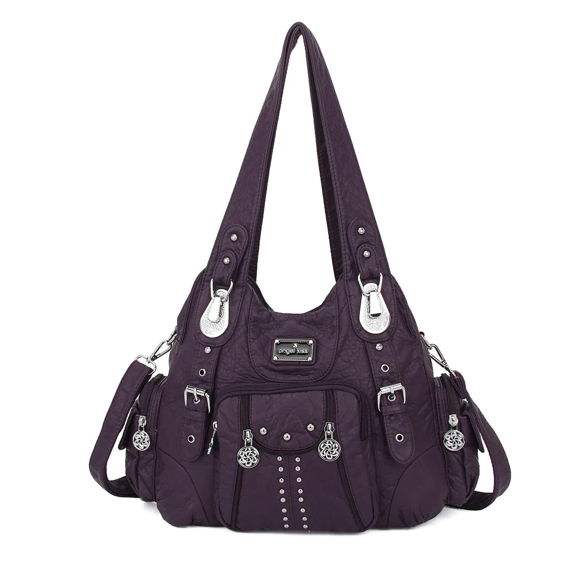 A dark purple vintage PU leather hobo shoulder bag with silver hardware.