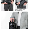 A black PU leather clutch bag is shown being carried in various ways, including a hand-carry and an arm bag style.